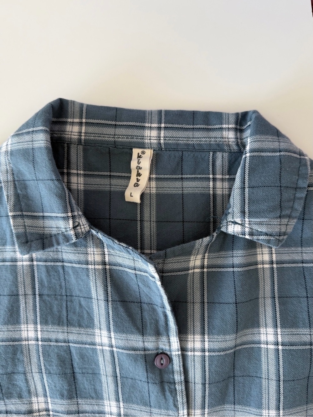Blue Plaid Cropped Button Up Shirt Y2K Casual Top Tagged L Fits S - Picture 6 of 6